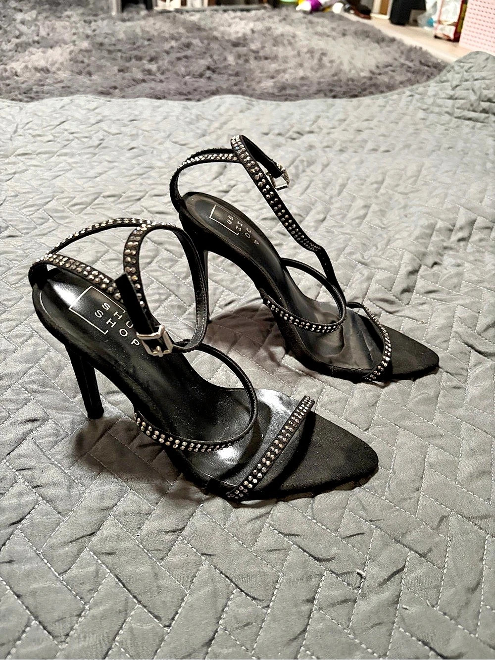 Shu Shop Griselda Black Rhinestone Strappy Heels - Size 7
